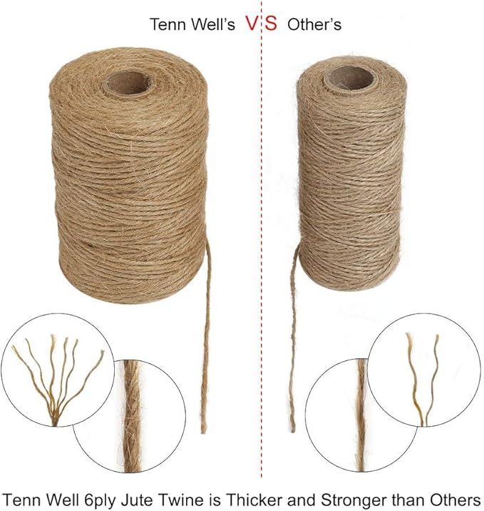 Tenn Well Jute Twine, 328Feet 2.32mm 6Ply Natural Garden Twine, Heavy Duty Jute String for Crafts, Gift Wrapping, Gardening, Farmhouse Decor, Christmas Decorations