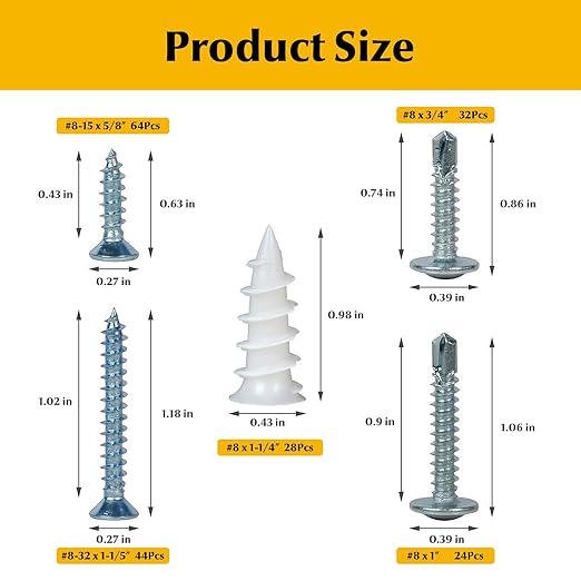 192Pcs Self Tapping Screws Drywall Anchors and Sheet Metal Screw Assortment,4 Size Kit for Installing Drywall, Wood,Metal Sheet Materials