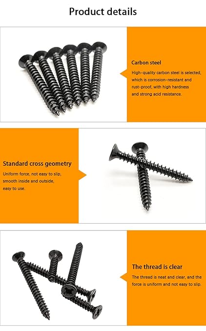 450 pcs M3 M4 M5 M6 Black Wood Screws Assortment Kit,High Hardness Carbon Steel Self-Tapping Screws,Phillips Drive Flat Head Screws Set Kit,Black Oxide,Full Thread,Countersunk Head