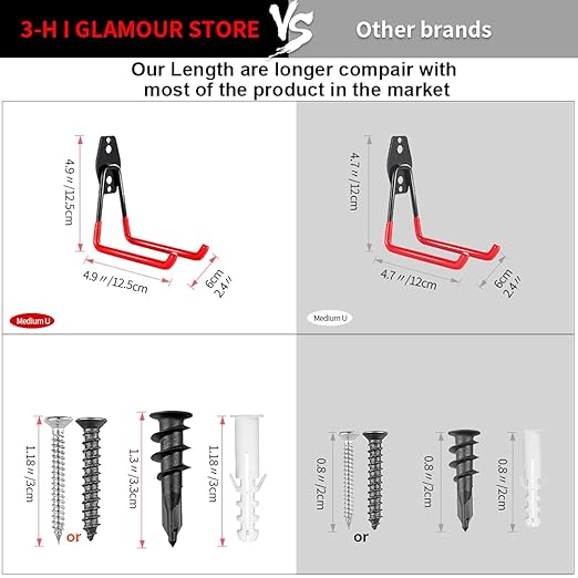 3-H Garage Wall Hooks 10 Pack, Heavy Duty Garage Hooks with Extra Welding Spots, Wall Mount Storage Organizer for Hanging Garden Lawn Tools, Chair, Shovel, Blower, Toolkit (Red)
