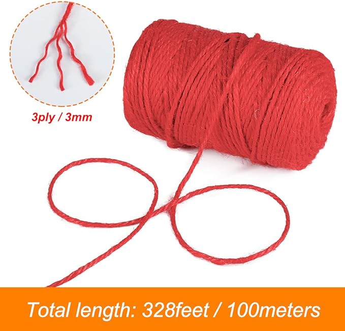 328 Feet 3mm Thick Natural Jute Twine, 3Ply Red Twine Roll Heavy Duty Packing Materials String for Crafts, Chistmas Gift Wrapping and Gardening