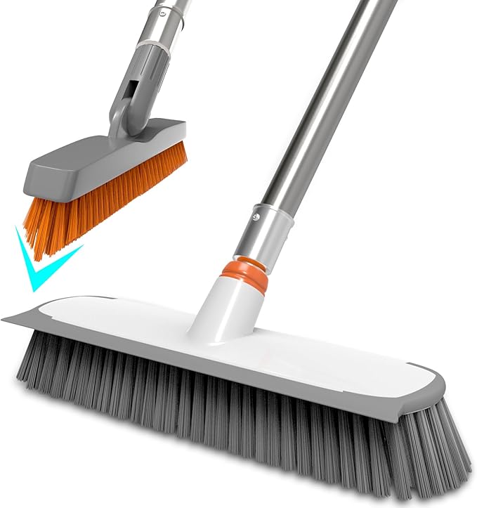 Heavy Duty Floor Scrub Brush and Grout Cleaner Set with Long Handle & Wide Floor Brush with Stiff Bristles Outdoor Scrubber for Cleaning Deck Tile Kitchen Swimming Pool Bathroom(2 Pack Brush Head)