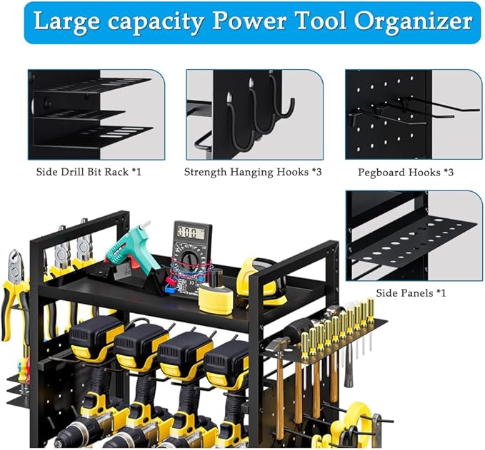 Large Power Tool Organizer Cart, Garage Floor Standing Rolling Drill and Tools Battery Storage Cart on Wheels, Heavy Duty Utility Rack Shelf,Utility Rack Gift for Men, Husband, Father.