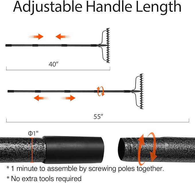 Thatch Rakes for Lawns, Heavy Duty Metal Garden Rake with 17 Prongs, Adjustable Yard Rock Rake for Gardening Loosening Soil, Long Handle 60 Inches