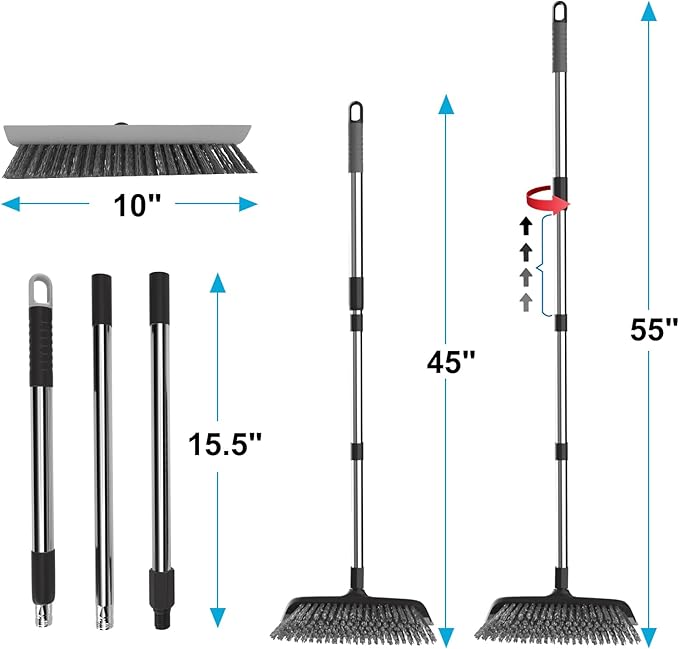 Floor Scrub Brush with Long Handle, Adjustable Stainless Steel Handle, Stiff Bristles & Rubber Squeegee Scraper, Heavy Duty Scrubber, Ideal for Cleaning Floor, Concrete, Deck, Hardwood, Patio, Tile