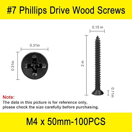 100 Pcs #7 X 2'' Drywall Screws,Black Wood Screw,Flat Head Phillips Screws Self Tapping Screws Used in Furniture,Woodworking Repairs and DIYProjects(M4 X 50mm)