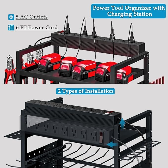 Large Power Tool Organizer Cart with Charging Station, Garage Floor Standing Rolling Drill and Tools Battery Storage Cart on Wheels, Heavy Duty Utility Rack Shelf for Men, Husband, Father.