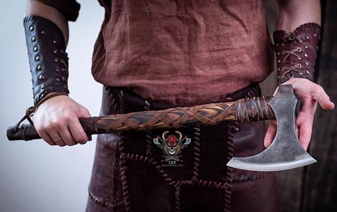 Forest Hunting| Viking Axe Real Battle self Defense Weapons War Hatchet Medieval Axes Costume for Men Camping ax 27'' Ashwood Handle and 3.5lbs Leather Sheath Viking Gifts Men (Ragnar Lothbrok Axe)