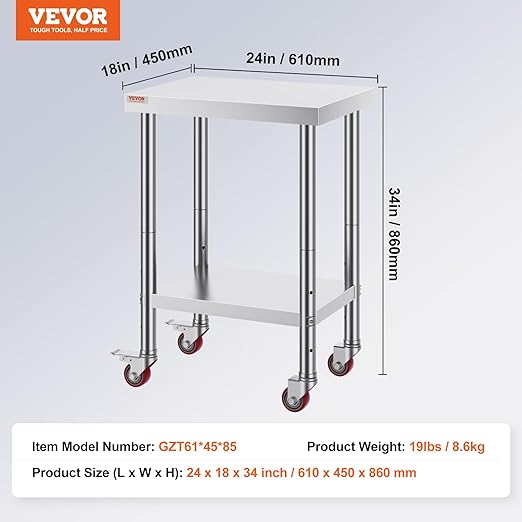 Mophorn 24x18x34 Inch Stainless Steel Work Table 3-Stage Adjustable Shelf with 4 Wheels Heavy Duty Commercial Food Prep Worktable with Brake for Kitchen Prep Work