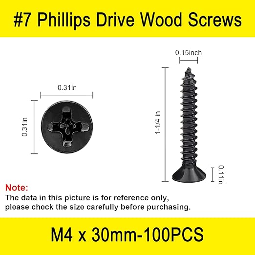 100 Pcs #7 X 1-1/4'' Black Screws,Drywall Screws, Phillips Flat Head Long Screw, Black Wood Screws,Used in Furniture,Woodworking Repairs and DIY Projects(M4 X 30mm