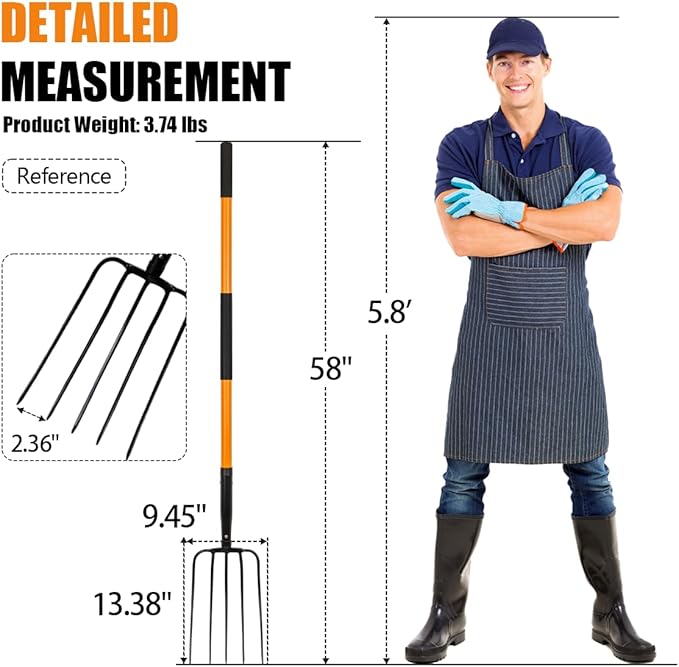 VNIMTI Pitch Fork for Gardening, 5 Tine Pitchfork Heavy Duty with Fiberglass Handle, 58 Inches