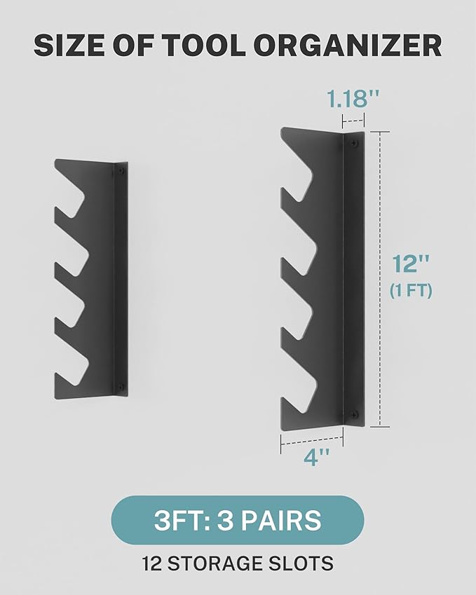 Garage Tool Organizer Wall Mount, Shed Yard Tool Organizer for Garage, Horizontal Organization Tool Racks for Walls, Shovels and Rakes, 3FT