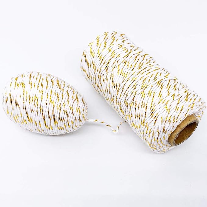 Leecogo Cotton Twine Gold and White Baker String 2mm Thick 328 Feet Christmas Twine for Gift Wrapping DIY Crafts Home Party Decoration Gardening