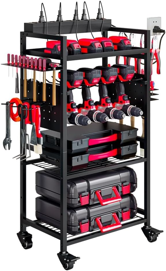 Large Power Tool Organizer Cart with Charging Station, Garage Floor Standing Rolling Drill and Tools Battery Storage Cart on Wheels, Heavy Duty Utility Rack Shelf for Men, Husband, Father.