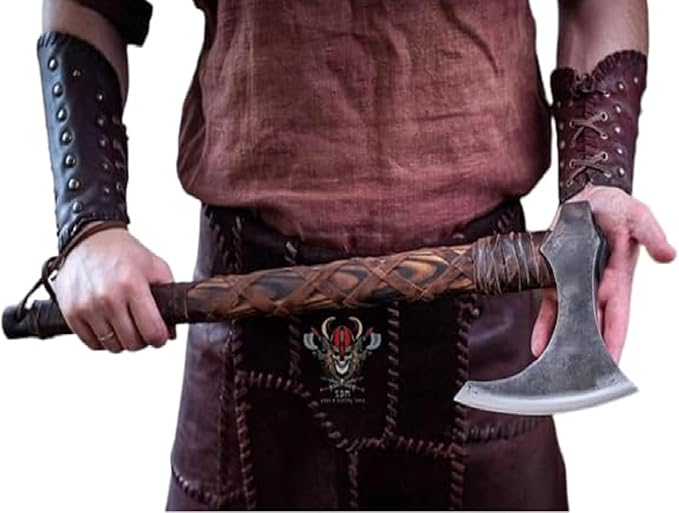 Forest Hunting| Viking Axe Real Battle self Defense Weapons War Hatchet Medieval Axes Costume for Men Camping ax 27'' Ashwood Handle and 3.5lbs Leather Sheath Viking Gifts Men (Ragnar Lothbrok Axe)
