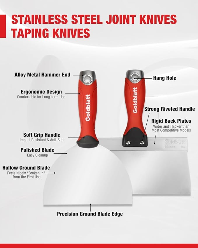 Goldblatt Drywall Hand Tool Kit - 14 in 1, 6 Pieces Stainless Steel Joint Knife, Taping Knives, Paniter Scraper, Mud Pan