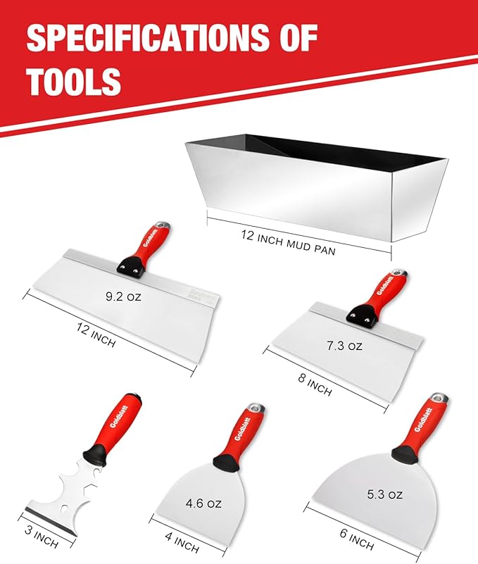 Goldblatt Drywall Hand Tool Kit - 14 in 1, 6 Pieces Stainless Steel Joint Knife, Taping Knives, Paniter Scraper, Mud Pan