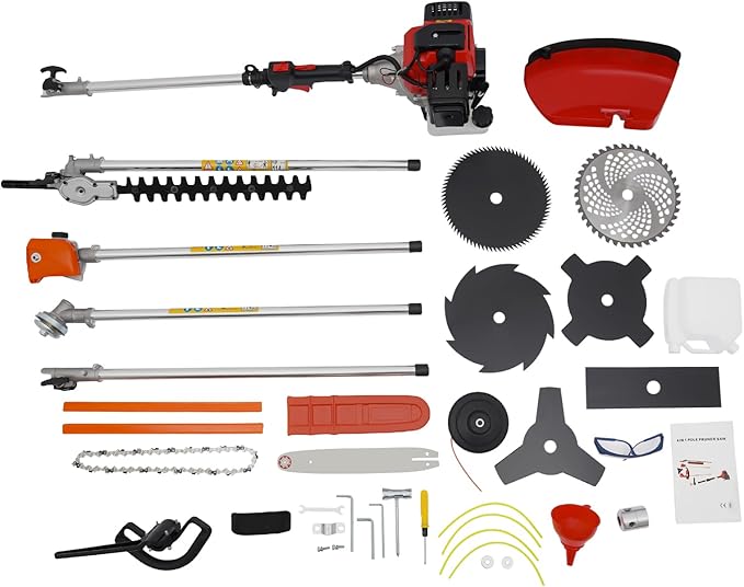 52cc Gas Powered Weed Trimmer 5 in 1 Gas Weed Wacker Handheld Hedge Trimmer 2-Stroke Air-Cooled Gasoline Engine Grass Edger Brush Cutter Pole Saw for Grass and Bush