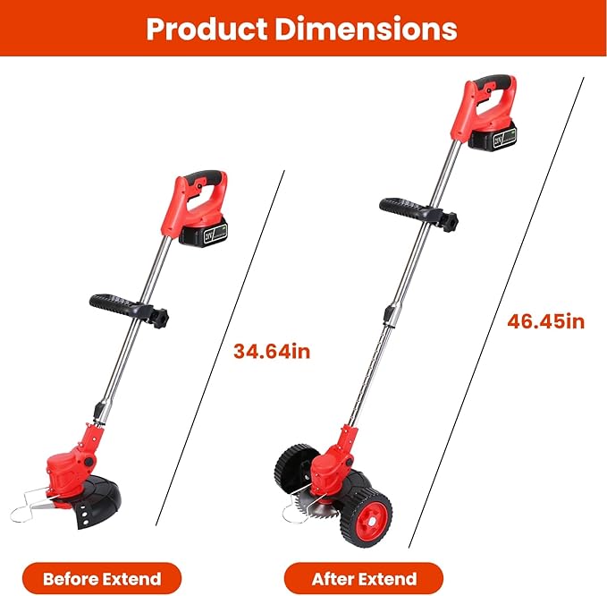 Cordless Weed Wacker, 2x2.5Ah Battery Powered Grass Trimmer, Electric Weed Eater with Wheels, 3-in-1 Electric Lawn Edger with 3 Types Blades Brush Cutter for Garden, Yard