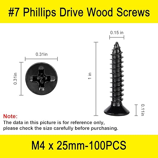 100 Pcs #7 X 1'' Wood Screw,Drywall Screws, Phillips Flat Head Long Screws, Cabinet Screws,Used in Furniture,Woodworking Repairs and DIY Projects(M4 X 25mm)