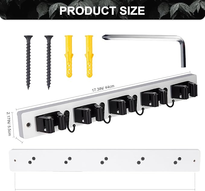 Broom Holder Wall Mount With 5 Slots & 4 Hooks,Rustic Wood Broom & Mop Hanger,Wall Mounted Garden & Garage Tool Storage Organizer Rack for Closet Laundry Room or Kitchen Wall Decor White