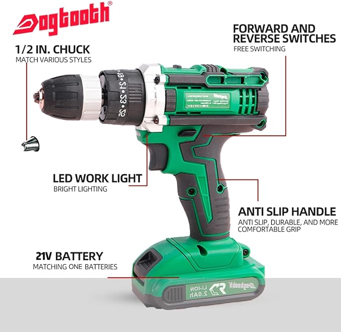 DOGTOOTH 21V MAX Cordless Battery Powered Drill Driver, 1* Battery and Charger, 2 Variable Speed, Build-in LED Lights, 23 Bits Storage Kit - Green