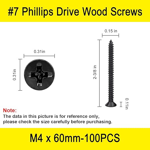 100 Pcs #7 X 2-3/8'' Black Wood Screws,Drywall Screws, Phillips Flat Head Concrete Screws, Long Screw for Wood,Used in Furniture,Woodworking Repairs and DIY Projects(M4 X 60mm