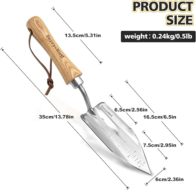 Berry&Bird Potting Trowel, Stainless Steel Serrated Hand Shovel, Wood Handle Garden Trowel Tool with Measuring Scale for Effortless Digging,Roots,Planting, Cutting and Transplanting