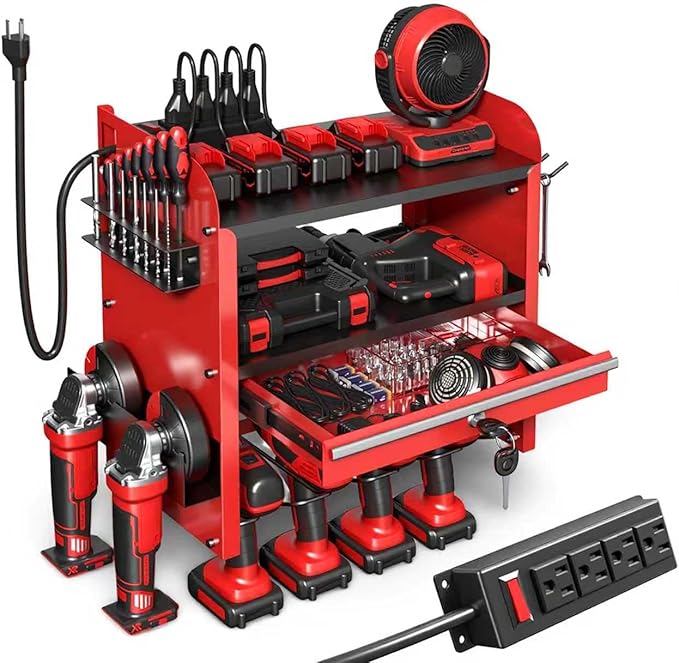 KSVO Power Tool Organizer Wall Mount with Drill Rack & Locking Drawers - Heavy Duty Metal Tool Shelf for Garage, Workshop, Shed, Basement Tool Organization - Gift for Men/Father (Red)
