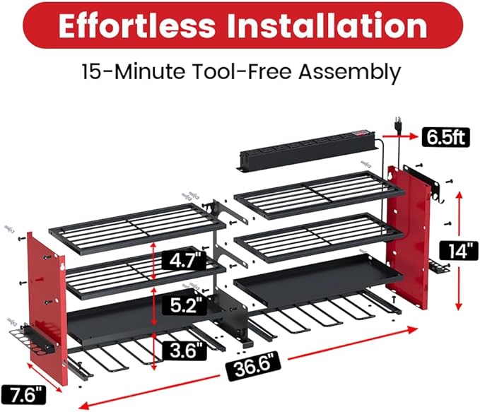4 Layers Power Tool Organizer Wall Mount with Power Strip, Heavy Duty Metal Tool Shelf, 400lbs Capacity for Cordless Drills, Batteries & Garage Storage (8 Slots with 8 Outlets Power Strip)
