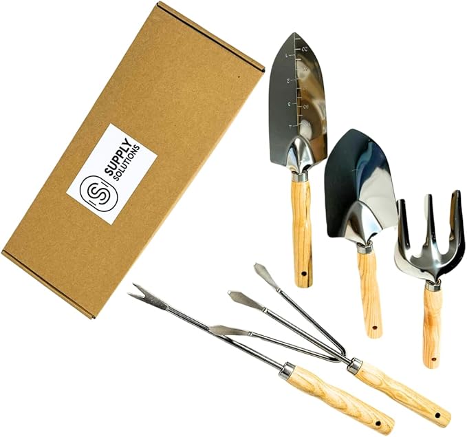 Supply Solutions Gardening Tools - Perfect Garden Tools for Women or Men - Small Heavy Duty Gardening Hand Tools with Trowel, Transplanter, Fork, Rake, and Cultivator - Ergonomic Design Gardening Kit