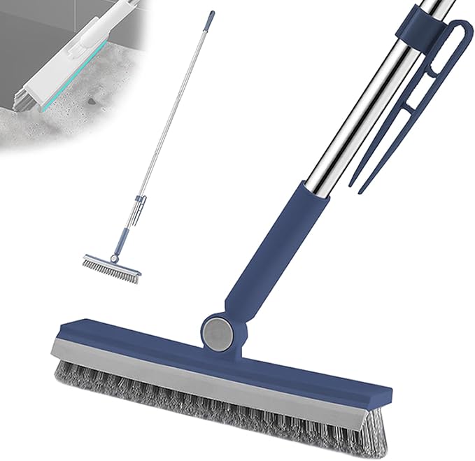 Floor Scrubbing Brush with 57" Adjustable Long Handle,3 in 1 Living Grout Brush with Squeegee,V-Shape Stiff Brush Bristle,Heavy Duty Bathroom Cleaning Brush for Tile,Deck,Patio,Wall,Garage,Kitchen,Blu