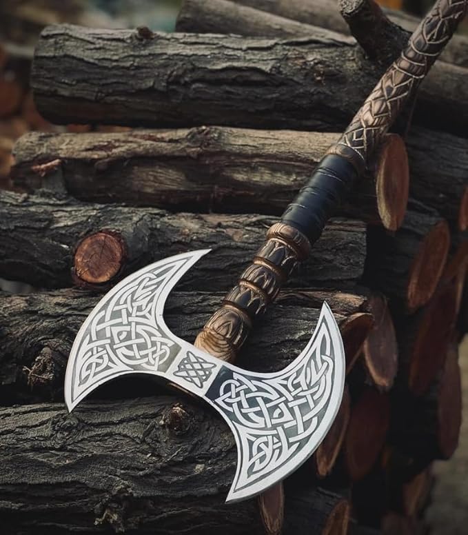 Hand Forged Double Headed Carbon Steel Axe – Bearded Battle Axe with Ash Wood Handle and Leather Sheath – Handmade Functional Gift for Him (DHA)