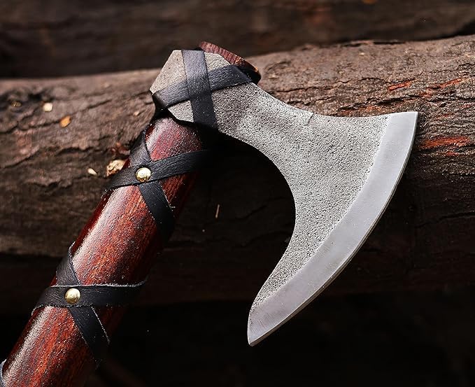Viking Axe | Hand-Forged Carbon Steel Tomahawk with Rosewood Handle & Leather Sheath, Bearded Axe for Camping, Bushcraft, Throwing, Gifts for Men (Brown)