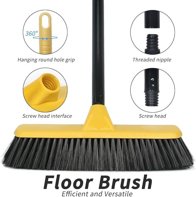Push Broom with Long Handle, Floor Brush 51.6 inch Soft Bristle Broom 12.2" Wide for Cleaning Bathroom Kitchen Patio Garage Deck Tile