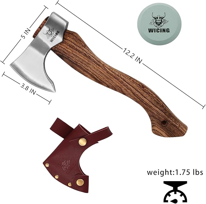 12.2 in Hatchet, Bushcraft Hatchet, 1065 High Manganese Steel and Beech Wood Handle with Leather Sheath Small Camping Hatchet for Carving Bushcraft Outdoor