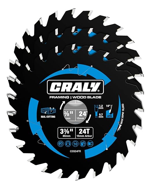 CRALY 3-3/8 Inch 24 Teeth Wood Cutting Framing Circular Saw Blade, 15mm Arbor, Carbide Tipped, Thin Kerf, Black Ice™ Coating, for Plywood, MDF, OSB, Laminated, 3-Pack(C0324FR-3)