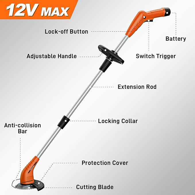 GardenJoy Weed Wacker Battery Operated: 12V Cordless Grass Trimmer with 2.0Ah Battery, Fast Charger and 3 Types Cutting Blade, Portable Electric Lawn Trimmer for Garden Yard Weeding Work