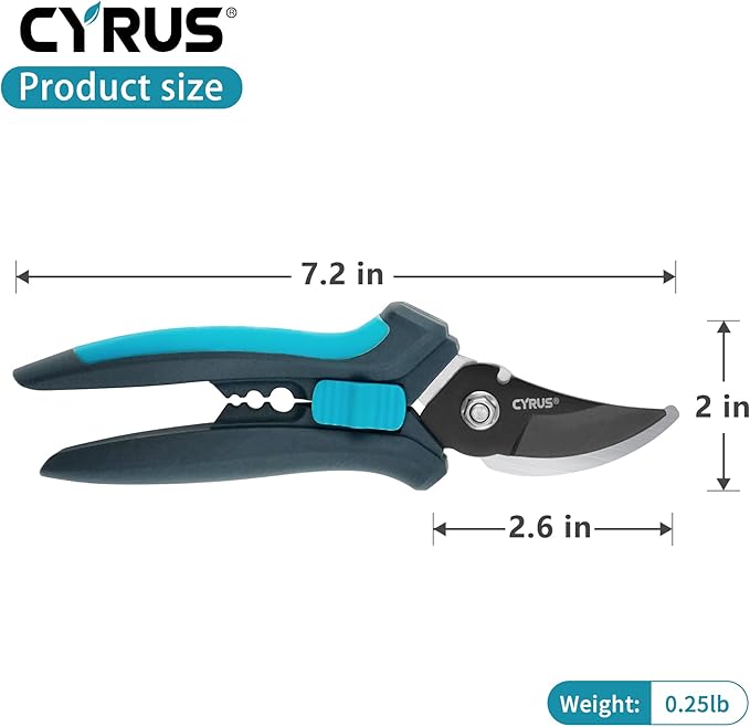 CYRUS Pruning Shears for Gardening 8" Pruners Trimming Scissors Non Stick Coating Blade Carbon Steel with Anti Slip Handle Scissors Widely Used for Gardening, Hydroponics, Grow Tents-CYRUS