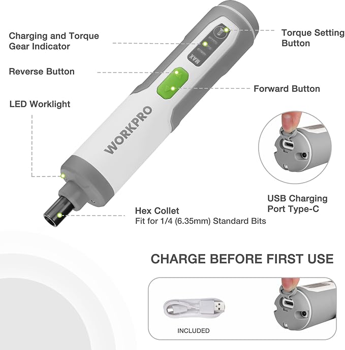 WORKPRO 4V Electric Screwdriver, Rechargeable Cordless Screwdriver Set with 35 Bits, Extension Rod, USB Charging Cable in Carrying Case, LED Light, White Gray