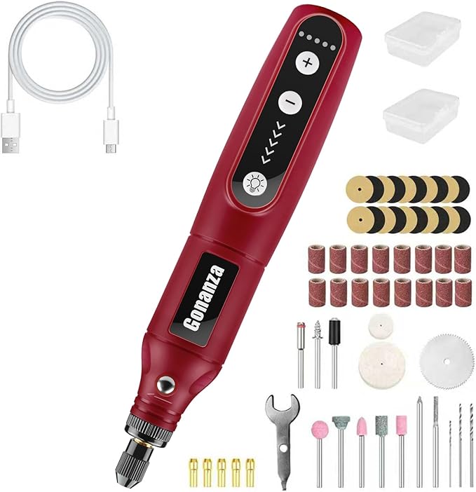 GONANZA Mini Cordless Rotary Tool Kit - 5-Speed, 3.7V Power Supply with LED Light 62 Accessories for Engraving, Sanding, Polishing, Type-C Rechargeable Perfect for DIY Crafts and Precision Work(Red)