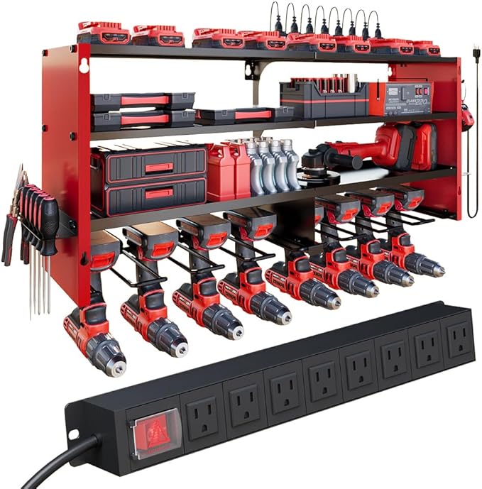 4 Layers Power Tool Organizer Wall Mount with Power Strip, Heavy Duty Metal Tool Shelf, 400lbs Capacity for Cordless Drills, Batteries & Garage Storage (8 Slots with 8 Outlets Power Strip)