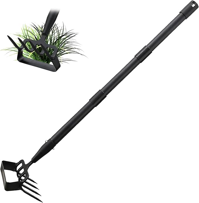 INFLATION Stirrup Hand Hula Hoe Heavy Duty Metal Gardening Weed Puller Tool 4 Tines Prong 2-in-1 Herb Stripper Yard Rake for Women Kids Men Garden Grandpas Weeder 32-62 inch Long Adjustable Handle