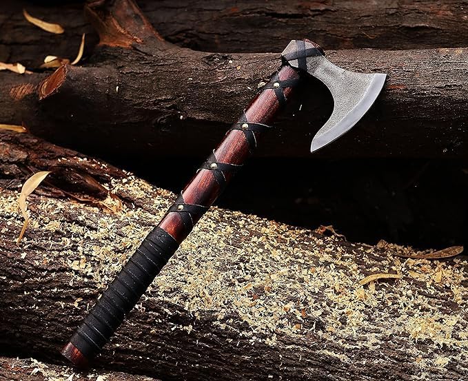 Viking Axe | Hand-Forged Carbon Steel Tomahawk with Rosewood Handle & Leather Sheath, Bearded Axe for Camping, Bushcraft, Throwing, Gifts for Men (Brown)
