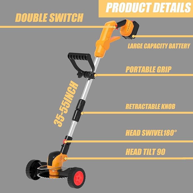 Electric Weed Wacker Cordless Battery Powered, Weed Cordless Eater with 2X 21V/4.0Ah Battery Operated & Wheels 3 Types Blades, 3 in 1 Stringless Grass Trimmer/Edger/Brush Cutter for Garden Yard Lawn