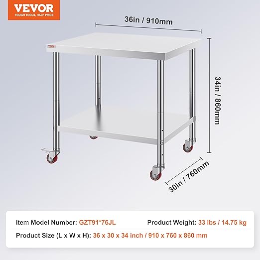 Vevor 30x36x34 Inch Stainless Steel Work Table 3-Stage Adjustable Shelf with 4 Wheels Heavy Duty Commercial Food Prep Worktable with Brake for Kitchen Prep Work : Everything Else