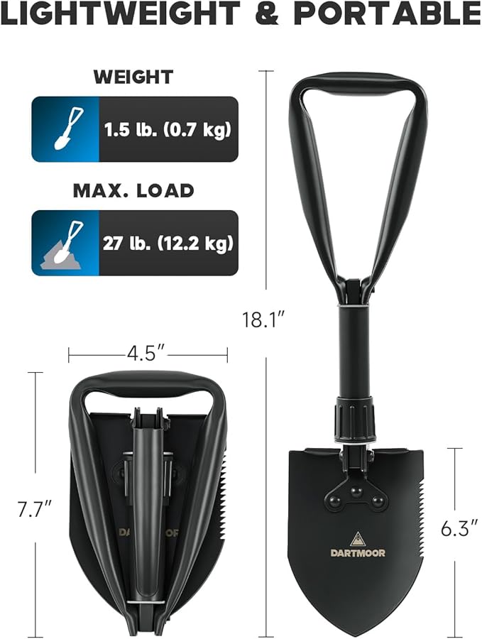 DARTMOOR Mini Folding Shovel High Carbon Steel, Portable Lightweight Outdoor Tactical Survival Foldable Mini Shovel, Entrenching Tool, Camping, Hiking, Digging, Backpacking, Car Emergency