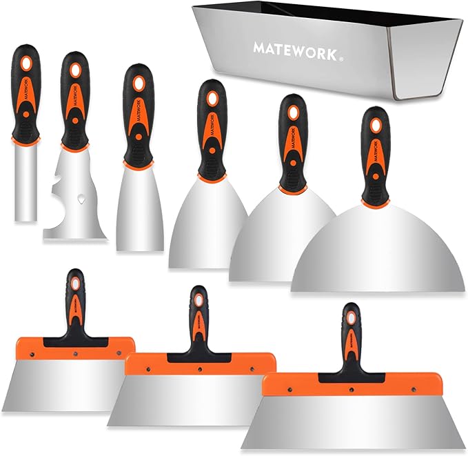 Putty knife,10 Piece Stainless Steel Paint Scraper Tool Set,14" Mud Pan for Repairing Drywall, Removing Wallpaper, Applying Putty, Plaster, Cement, Adhesive