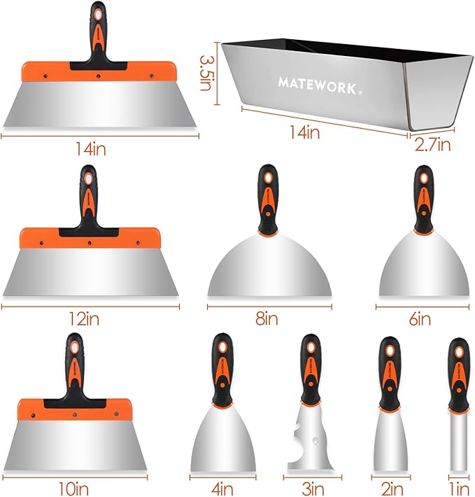 Putty knife,10 Piece Stainless Steel Paint Scraper Tool Set,14" Mud Pan for Repairing Drywall, Removing Wallpaper, Applying Putty, Plaster, Cement, Adhesive