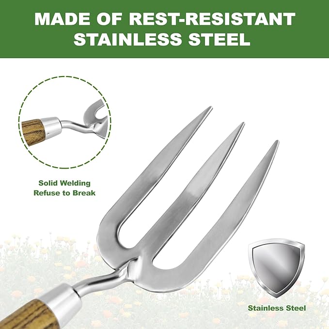 Garden Hand Fork, Hand Weeding Fork with Sharp Tine for Easy Uprooting Large Weeds, Stainless Steel Garden Fork, Comfortable Grip Wood Handle Hand Fork for Fast Weeding, Loosening Soil and Composting